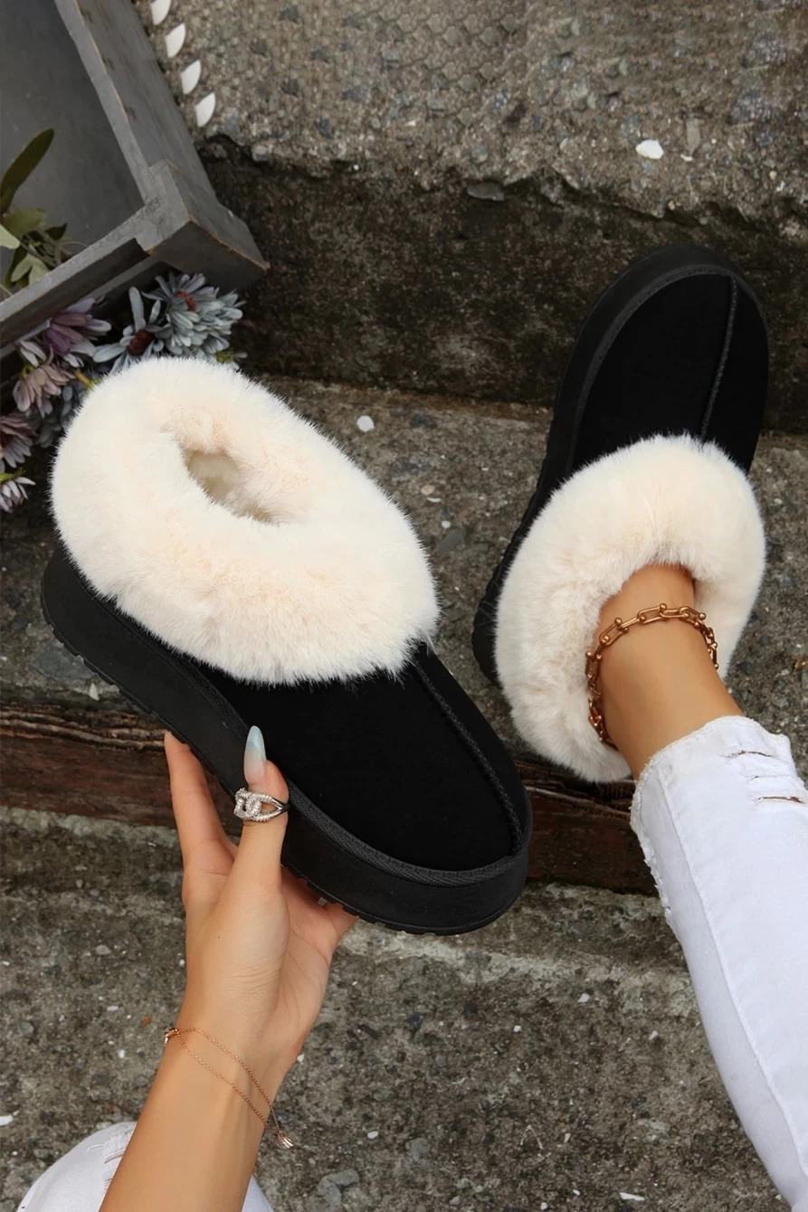 Shewin Women's Black Plush Suede Trim Snow Boots with Thick Sole for Warm Comfort