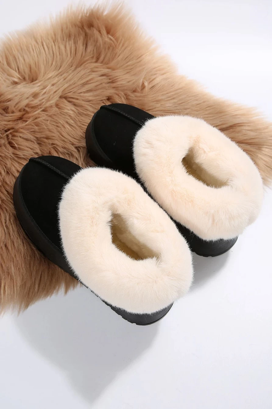 Shewin Women's Black Plush Suede Trim Snow Boots with Thick Sole for Warm Comfort