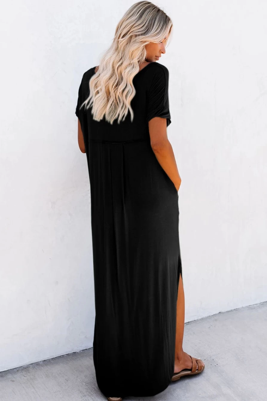 Shewin Women's Black Solid Color V-Neck Maxi Dress with Hidden Pocket & Side Slit