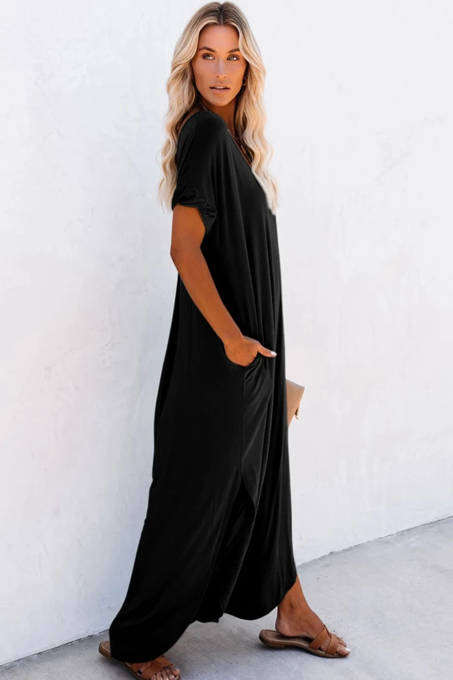 Shewin Women's Black Solid Color V-Neck Maxi Dress with Hidden Pocket & Side Slit