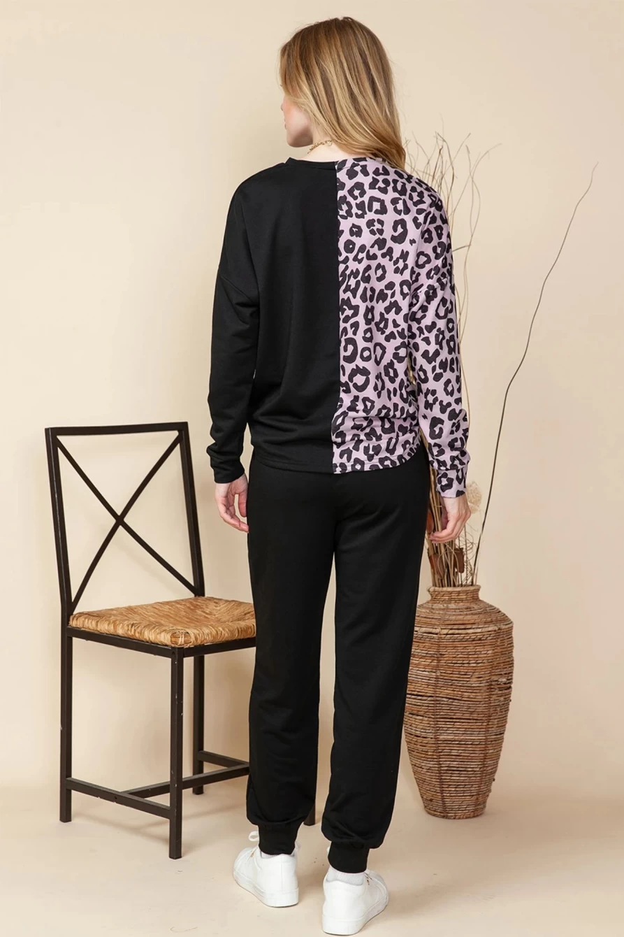 Shewin Women's Black Leopard Print Contrast Top & Jogger Pajama Set