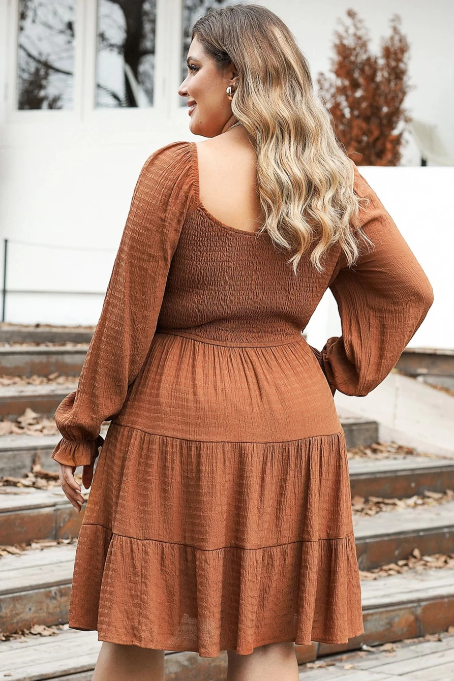 Shewin Women's Plus Size Chestnut Mini Dress with Smocked Detail & Ruffled Sleeves