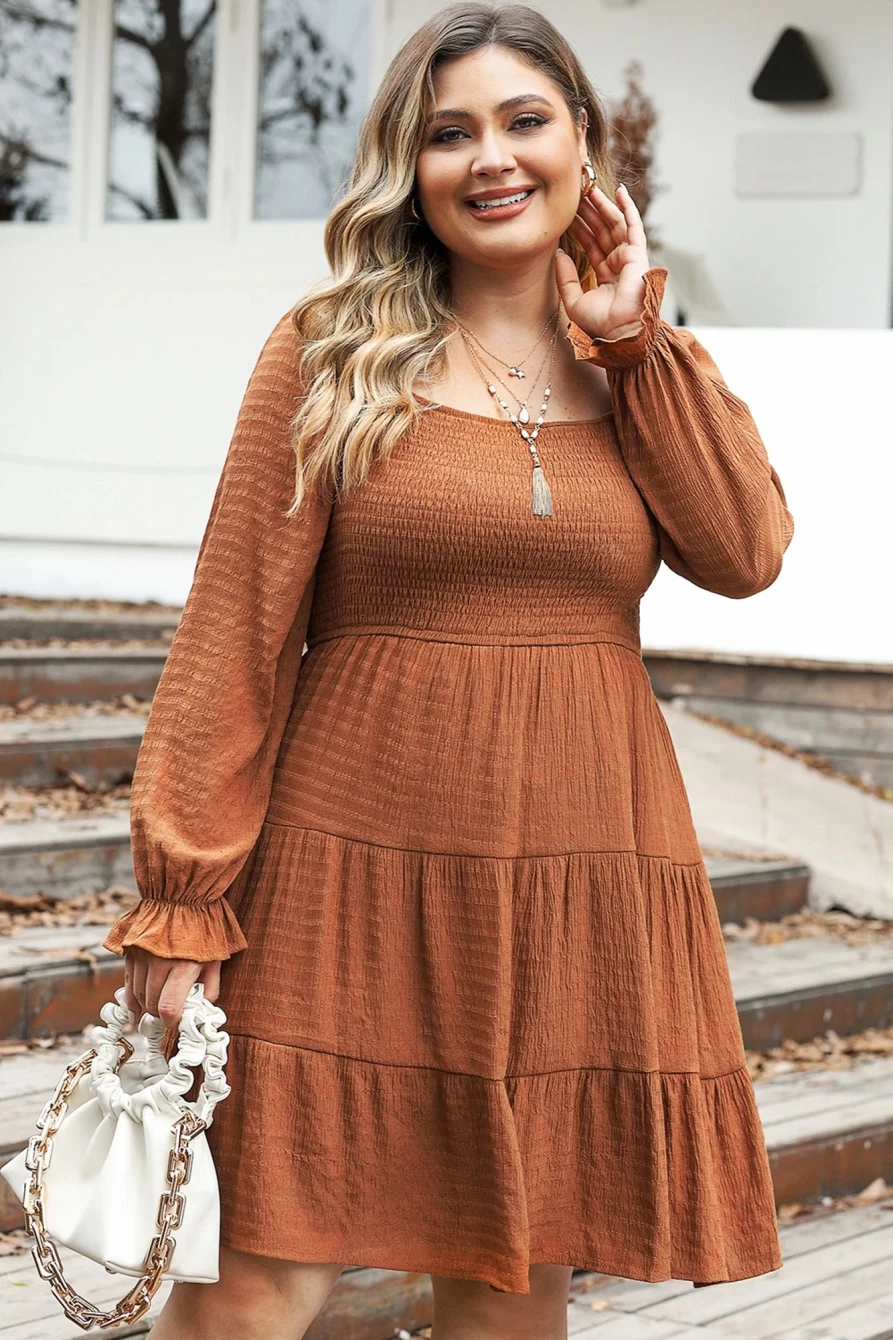 Shewin Women's Plus Size Chestnut Mini Dress with Smocked Detail & Ruffled Sleeves