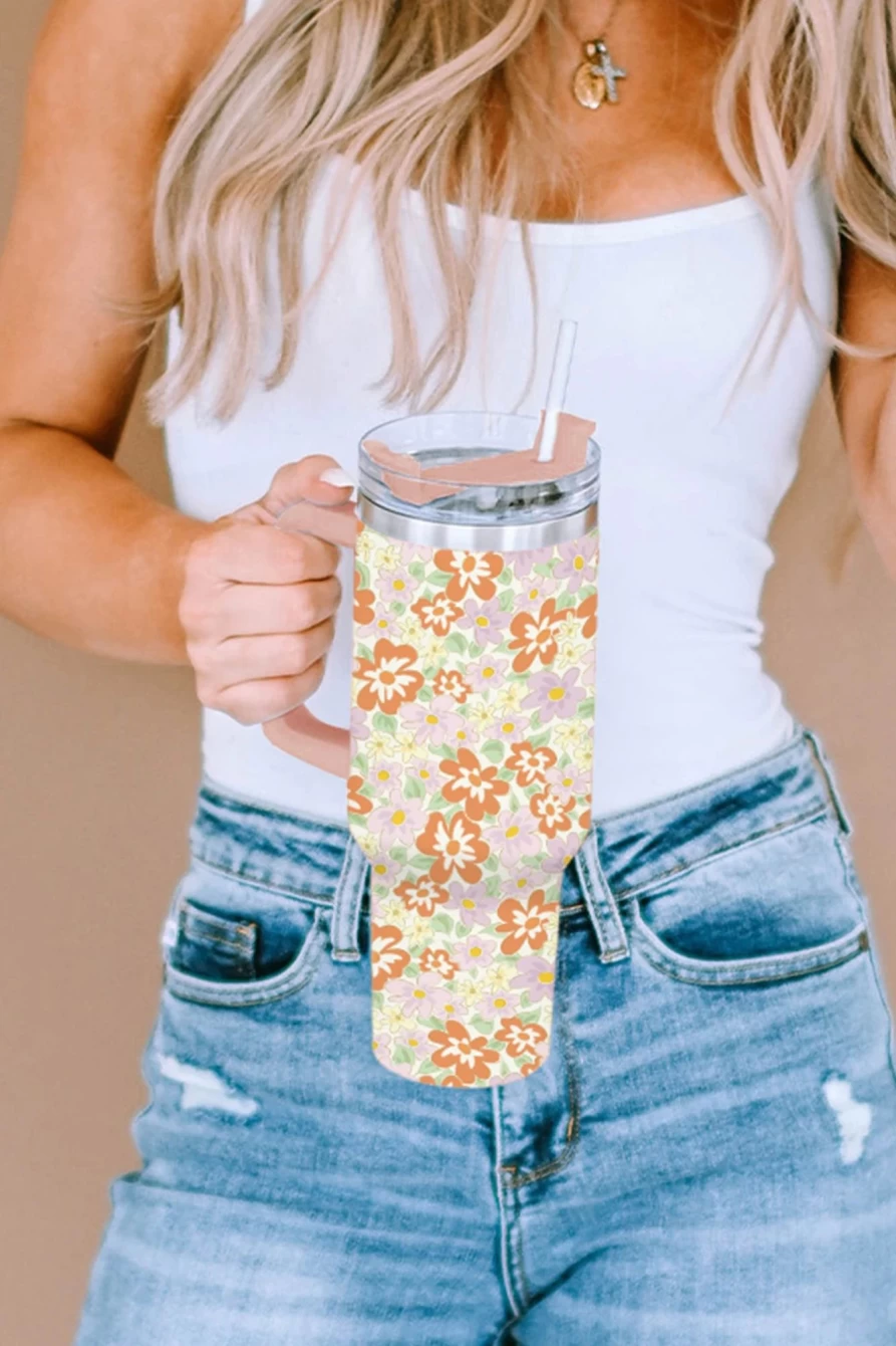 Shewin Women's White Stainless Steel Vacuum Cup with Floral Print Handle - Insulated Travel Mug