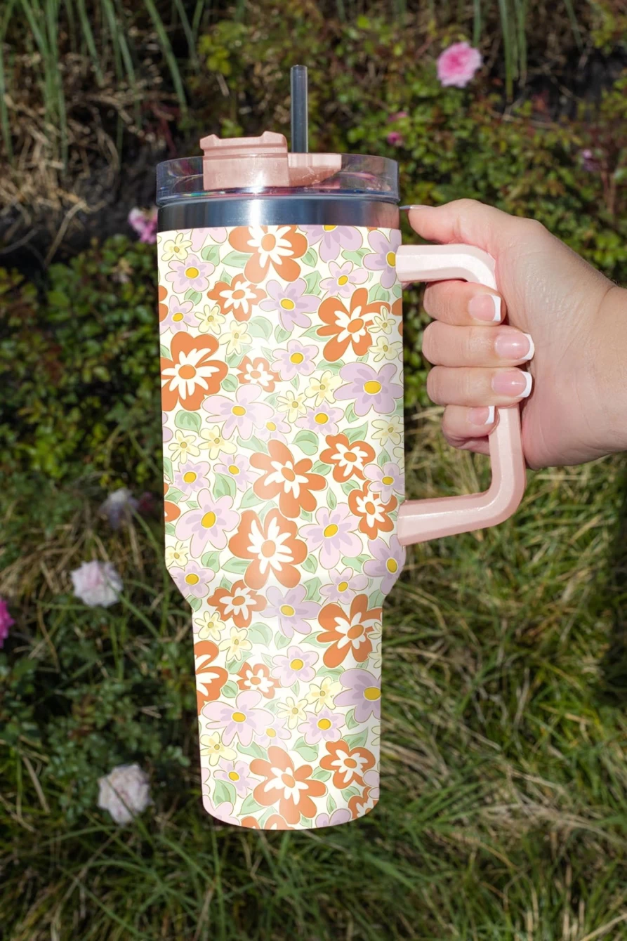Shewin Women's White Stainless Steel Vacuum Cup with Floral Print Handle - Insulated Travel Mug