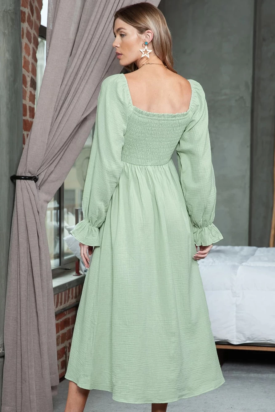Shewin Women's Green Gauze Square Neck Long Sleeve Smocked Dress
