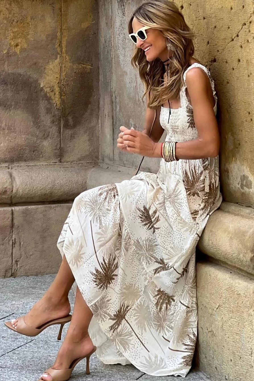 Shewin Women's White Tropical Print Smocked Maxi Dress with Ruffled Straps