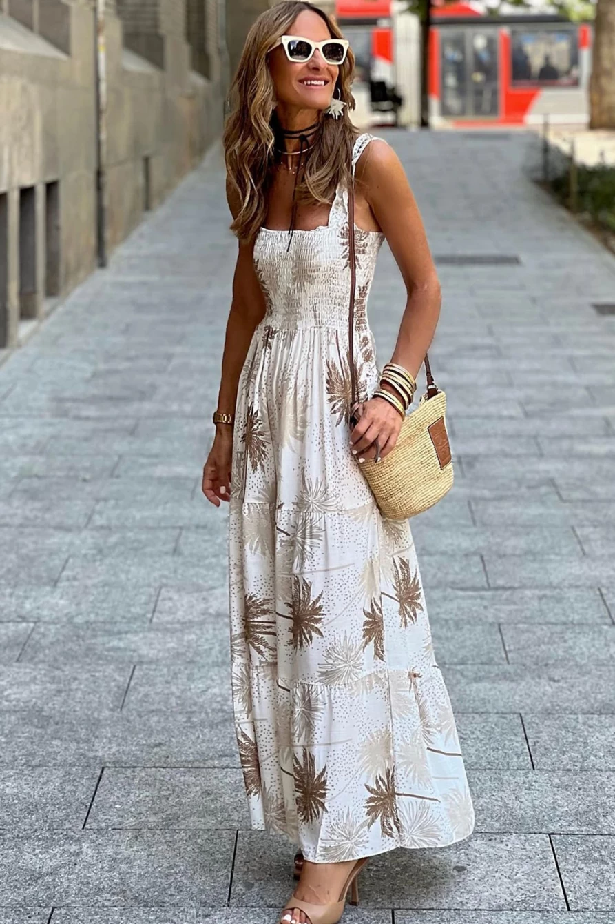 Shewin Women's White Tropical Print Smocked Maxi Dress with Ruffled Straps