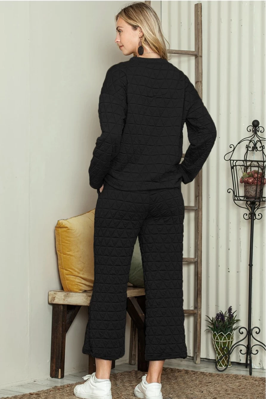 Shewin Women's Black Quilted Long Sleeve Top & Wide Leg Pants Set - Solid Color Outfit