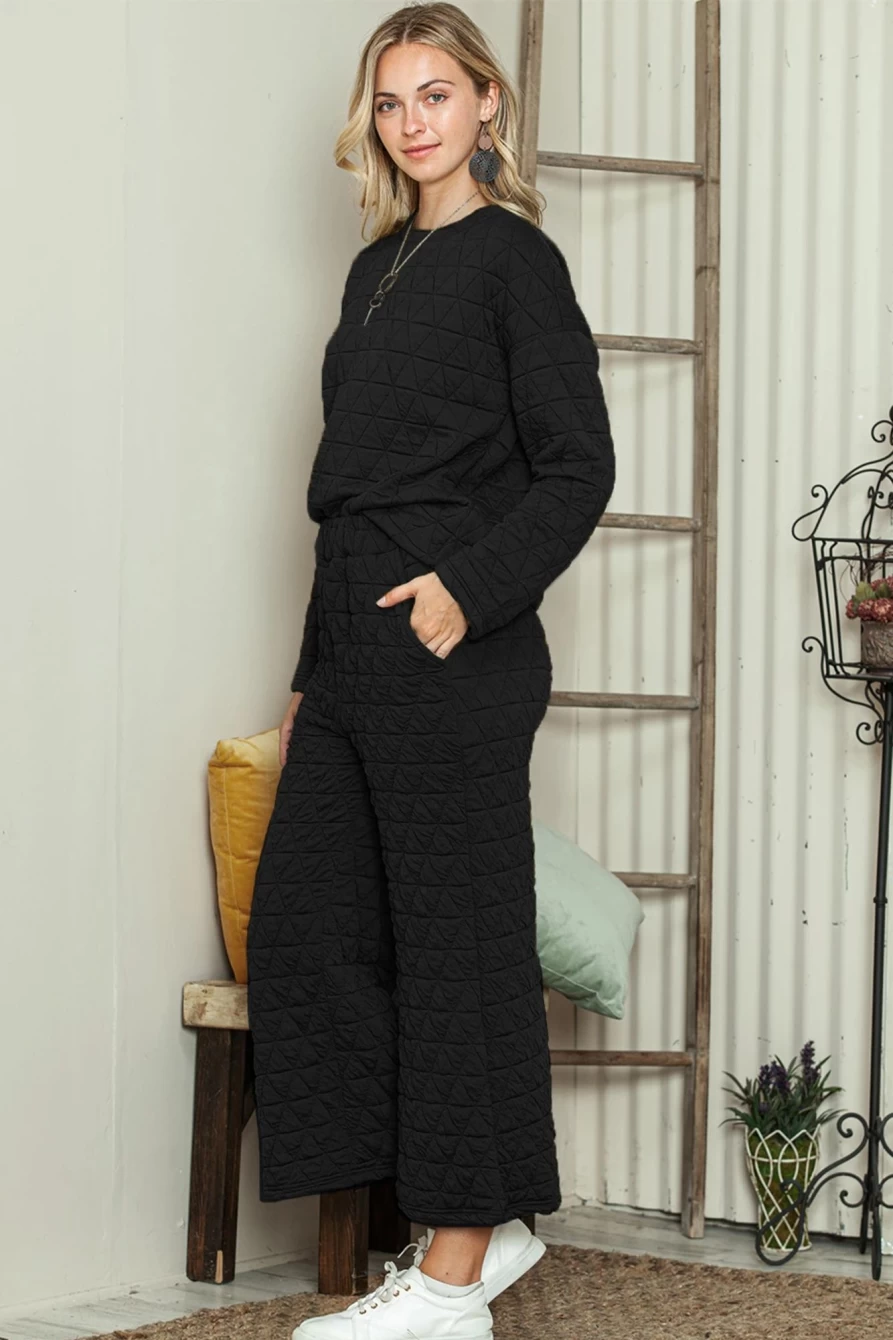 Shewin Women's Black Quilted Long Sleeve Top & Wide Leg Pants Set - Solid Color Outfit