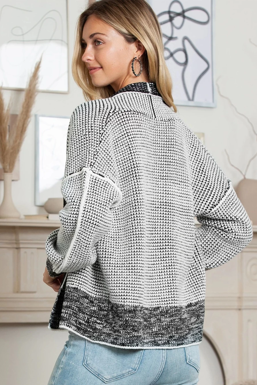 Women's Medium Grey Gingham Open Front Cardigan with Contrast Trim - SHEWIN