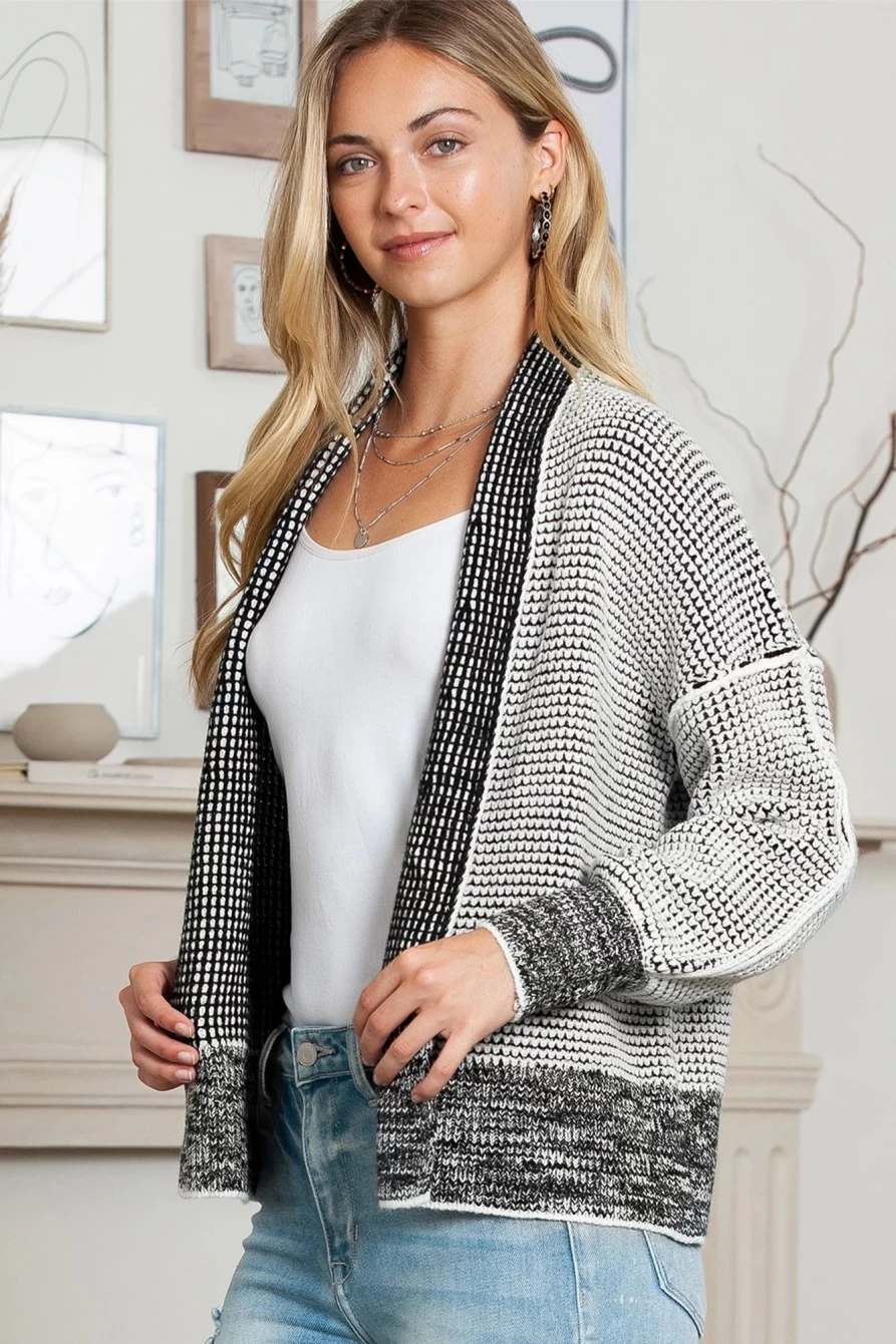 Women's Medium Grey Gingham Open Front Cardigan with Contrast Trim - SHEWIN