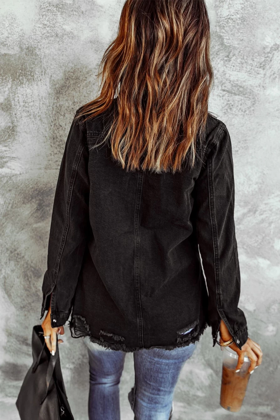 "Women's Black Ripped Raw Hem Denim Shacket by Shewin - Button Up Distressed Jacket"