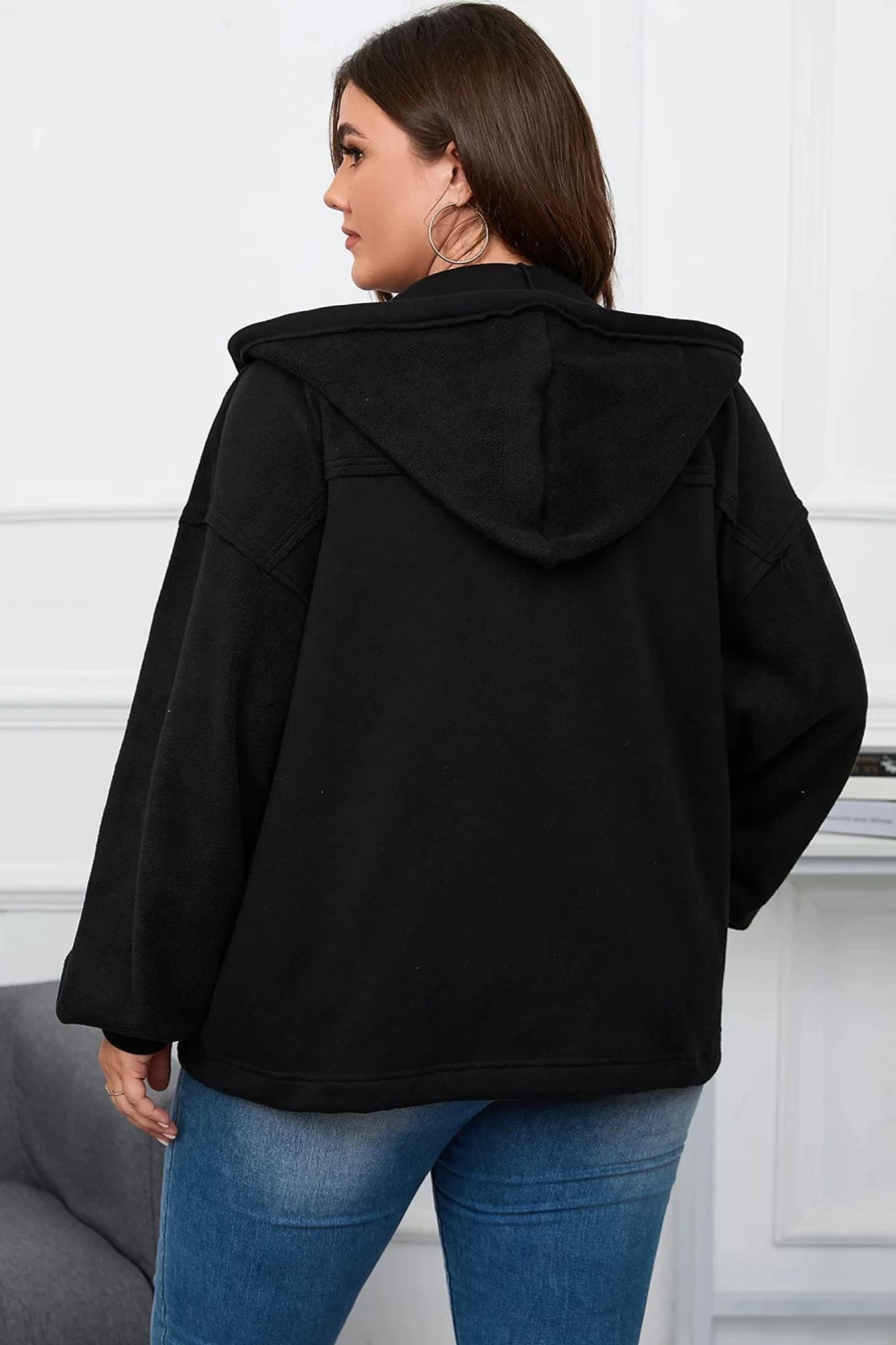 Shewin Women's Plus Size Black Bishop Sleeve Zip Up Hooded Jacket