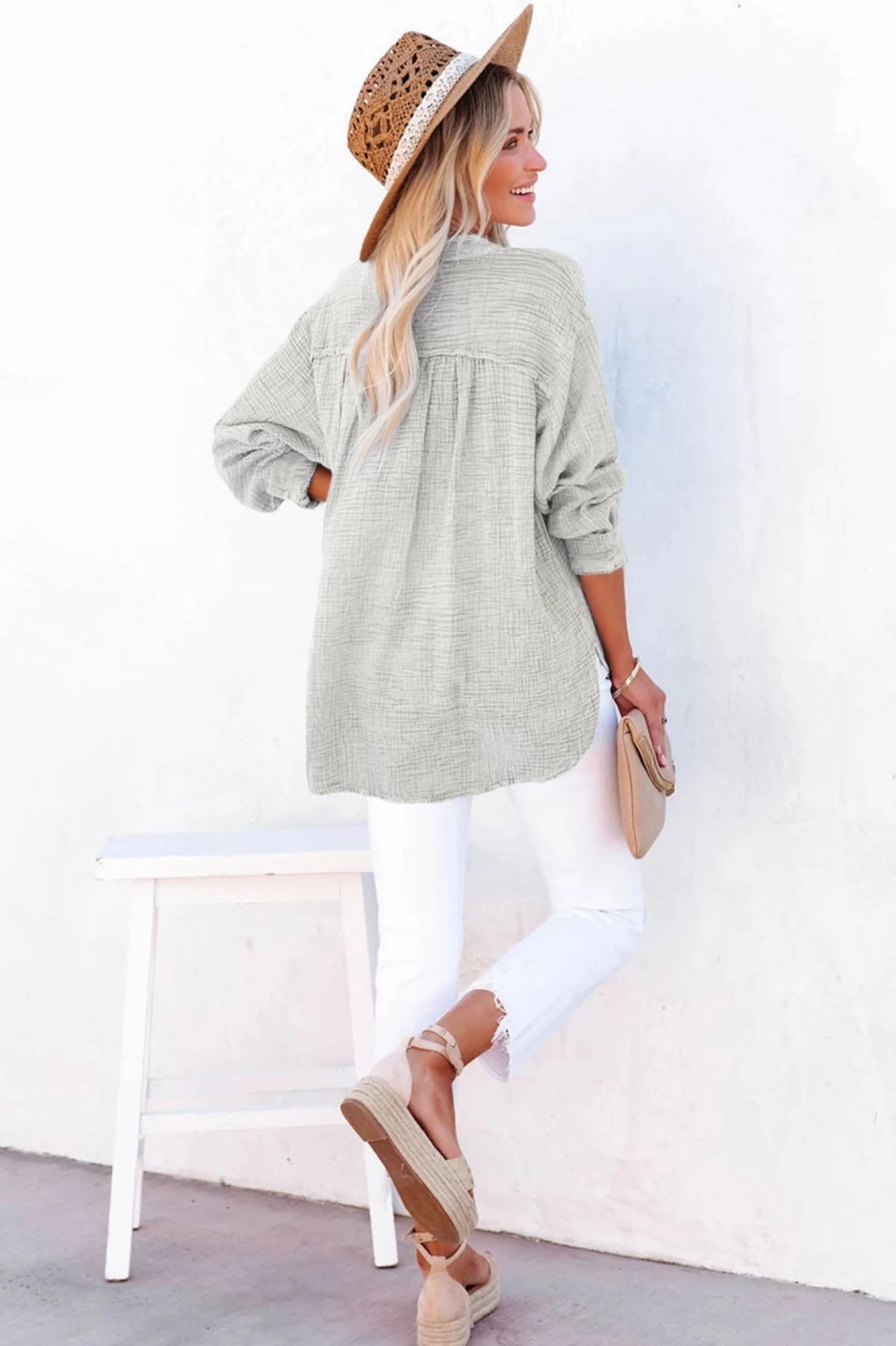 Shewin Women's Gray Loose Crinkle Button V-Neck Henley Top