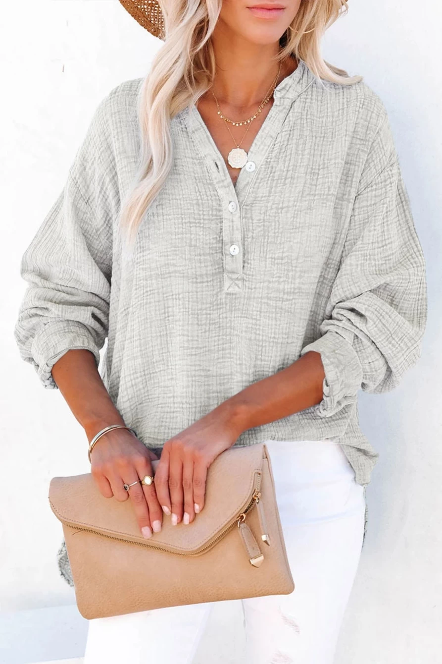 Shewin Women's Gray Loose Crinkle Button V-Neck Henley Top