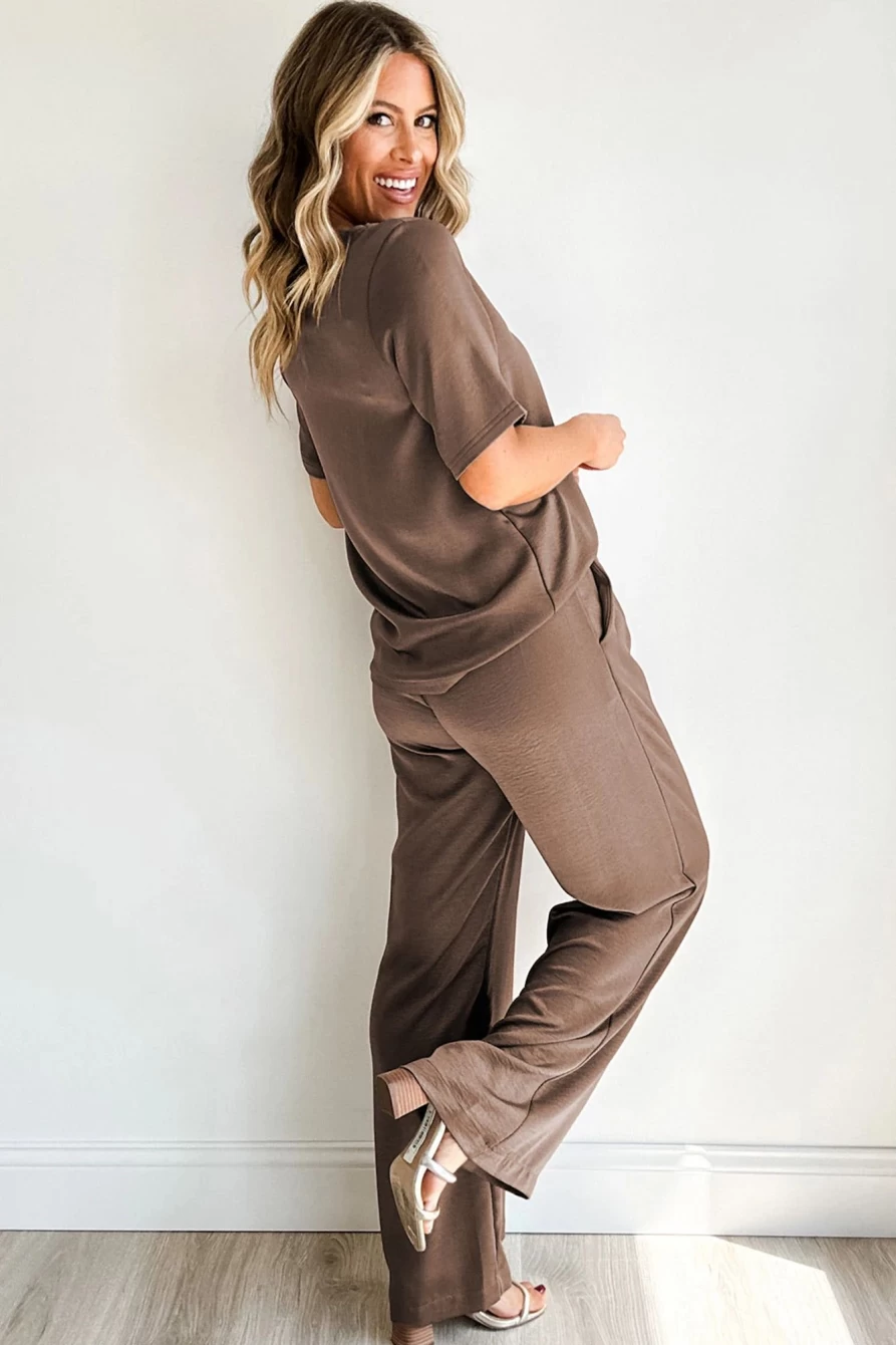Shewin Women's Smoke Gray Solid Color T-Shirt & Wide Leg Pants Set