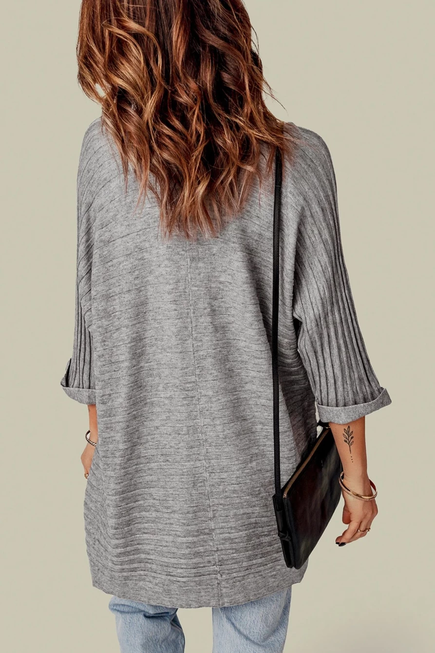 Shewin Women's Gray Textured Ribbed Open Front Knit Cardigan