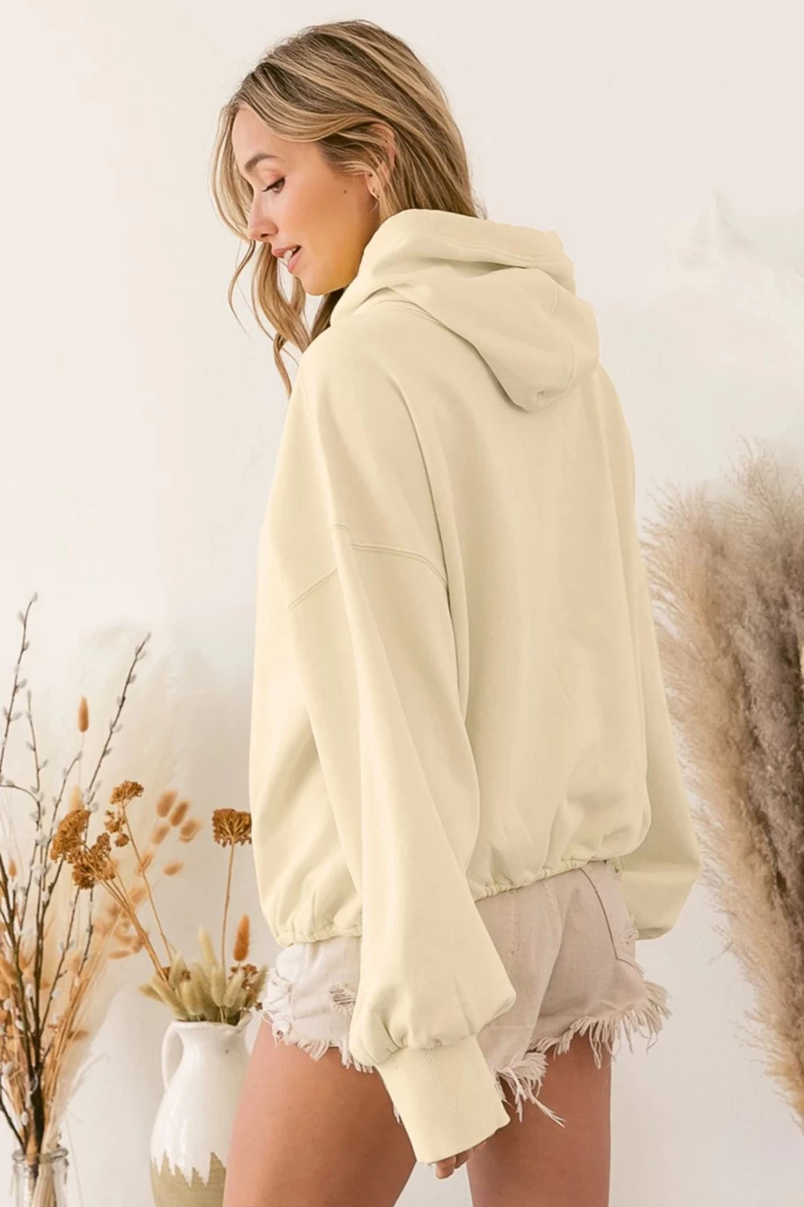 Shewin Women's Beige Half Zip Kangaroo Pocket Pullover Hoodie - Solid Color Casual Sweatshirt