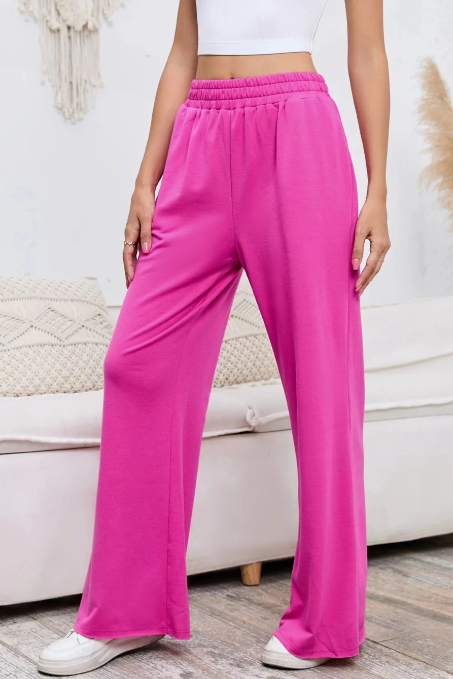 Shewin Women's Rose High Waisted Elastic Wide Leg Sweatpants with Pockets