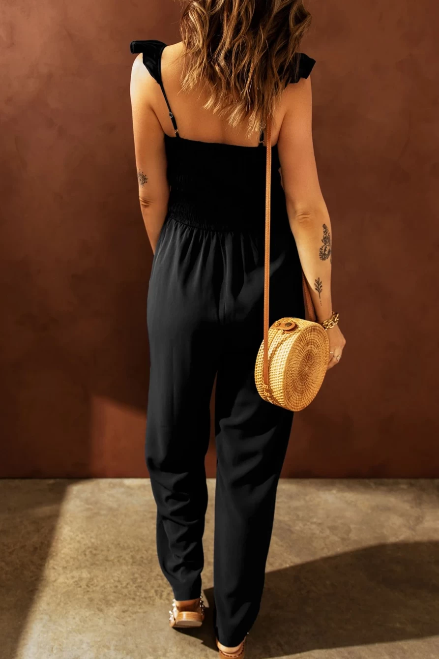 Shewin Women's Black Smocked Ruffle Strap Pocket Wide Leg Jumpsuit