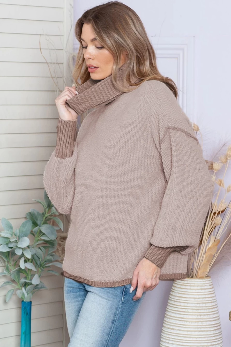 Shewin Women's Chunky Knit Turtleneck Sweater - Drop Shoulder Pullover in Khaki