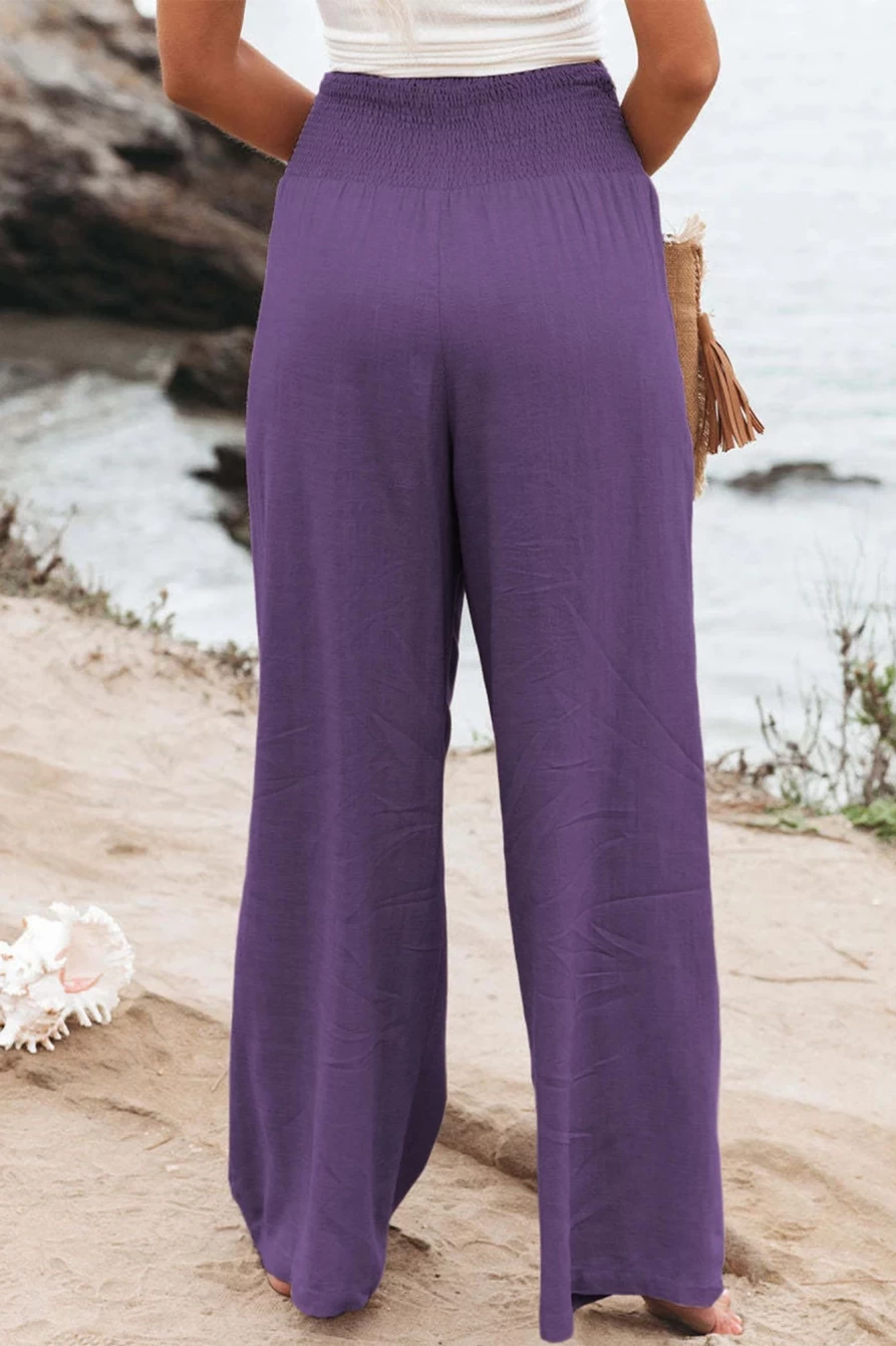 Shewin Women's Purple High Waist Smocked Wide Leg Pants - Elegant & Comfortable Trousers