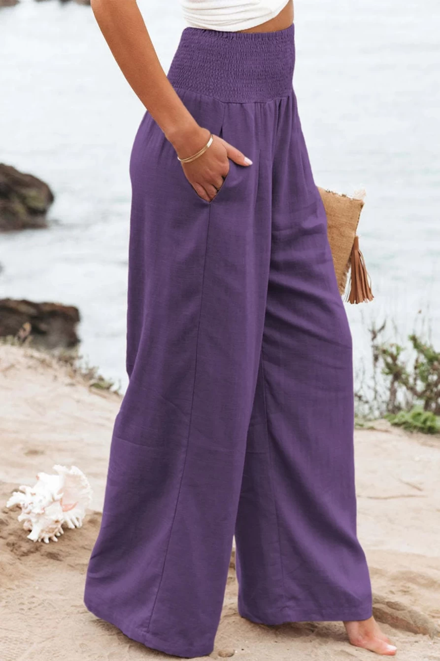 Shewin Women's Purple High Waist Smocked Wide Leg Pants - Elegant & Comfortable Trousers
