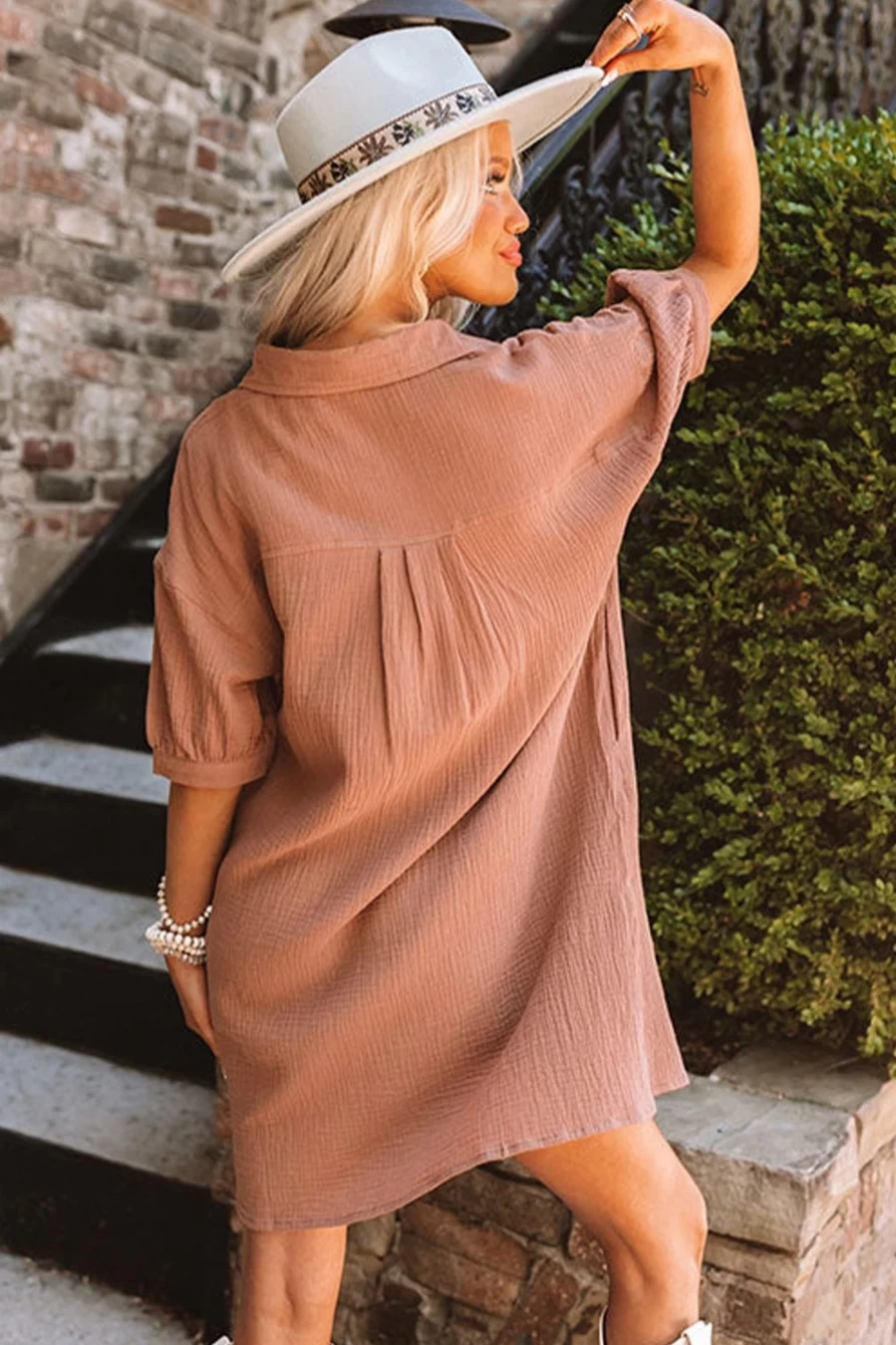 Shewin Women's Brown Crinkle Textured Bubble Sleeve Shirt Dress with Joint Design