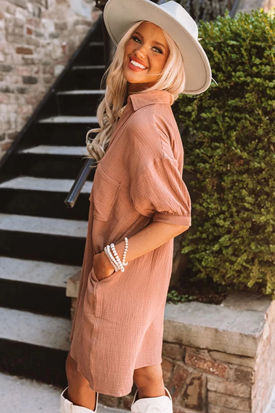 Shewin Women's Brown Crinkle Textured Bubble Sleeve Shirt Dress with Joint Design