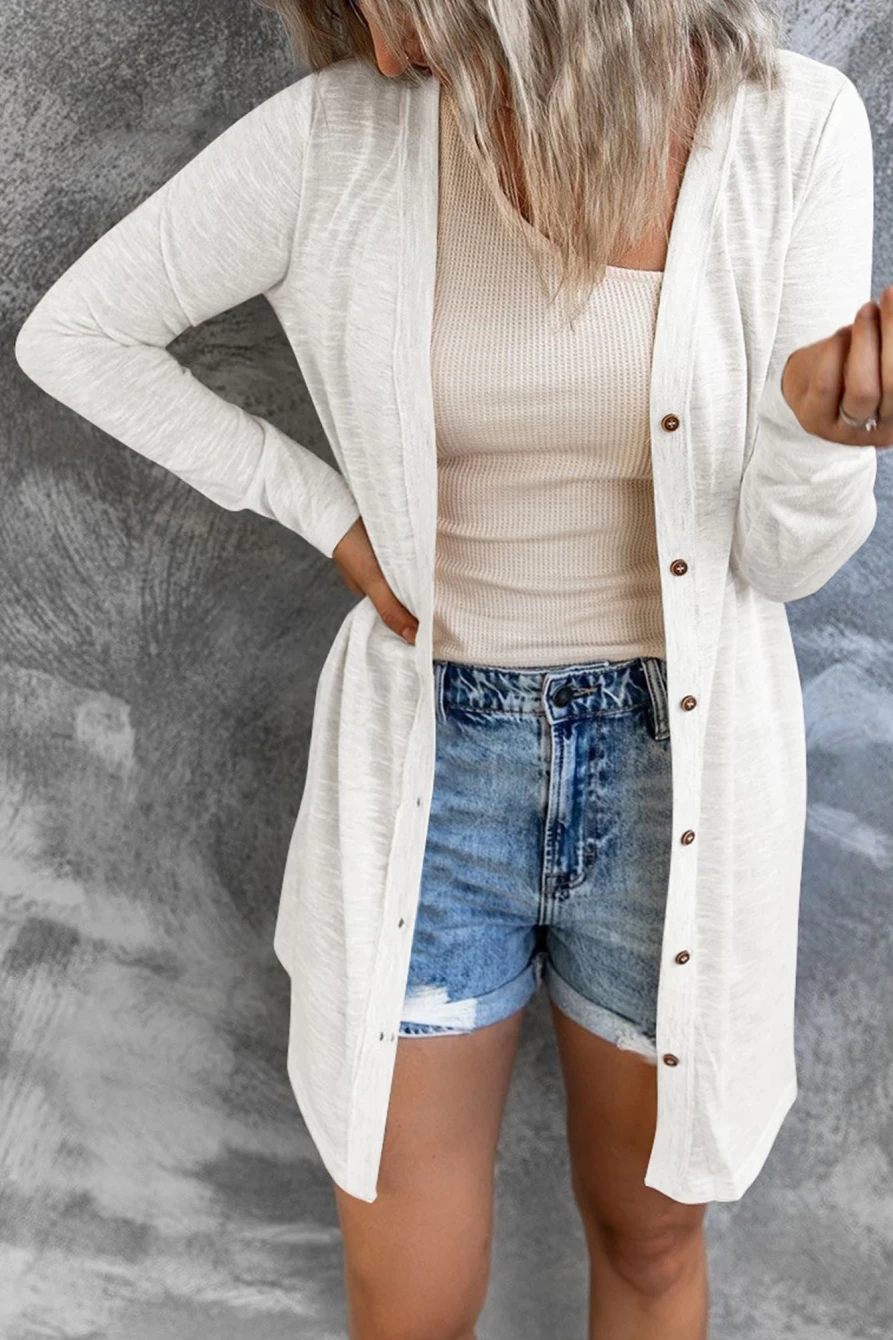 Shewin Women's White Solid V-Neck Long Sleeve Button-Up Cover Up Shirt