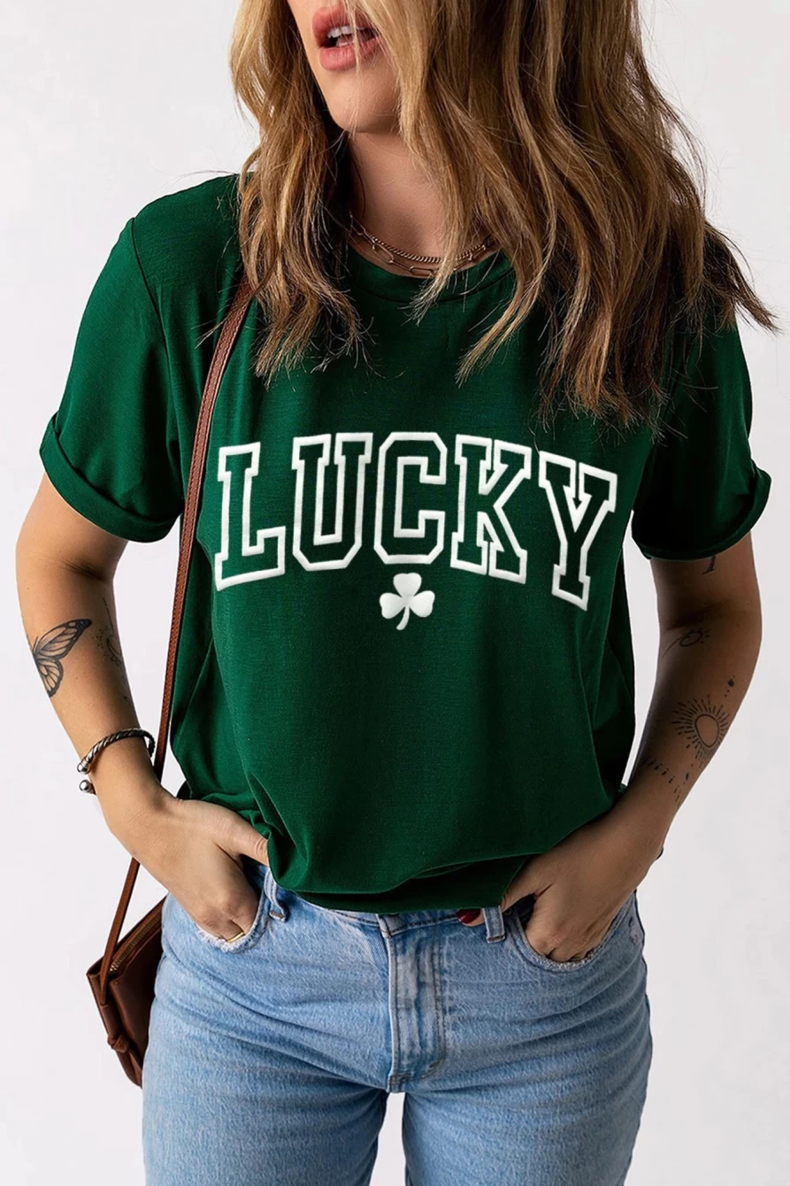 Women's Green Lucky Clover Graphic Casual T-Shirt - Shewin Round Neck Puff Sleeve Tee