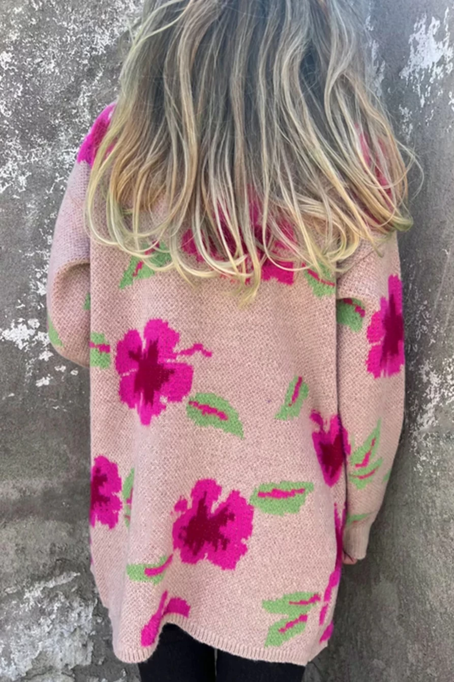 Shewin Women's Apricot Powder Floral Print Cardigan with Pockets and Open Front