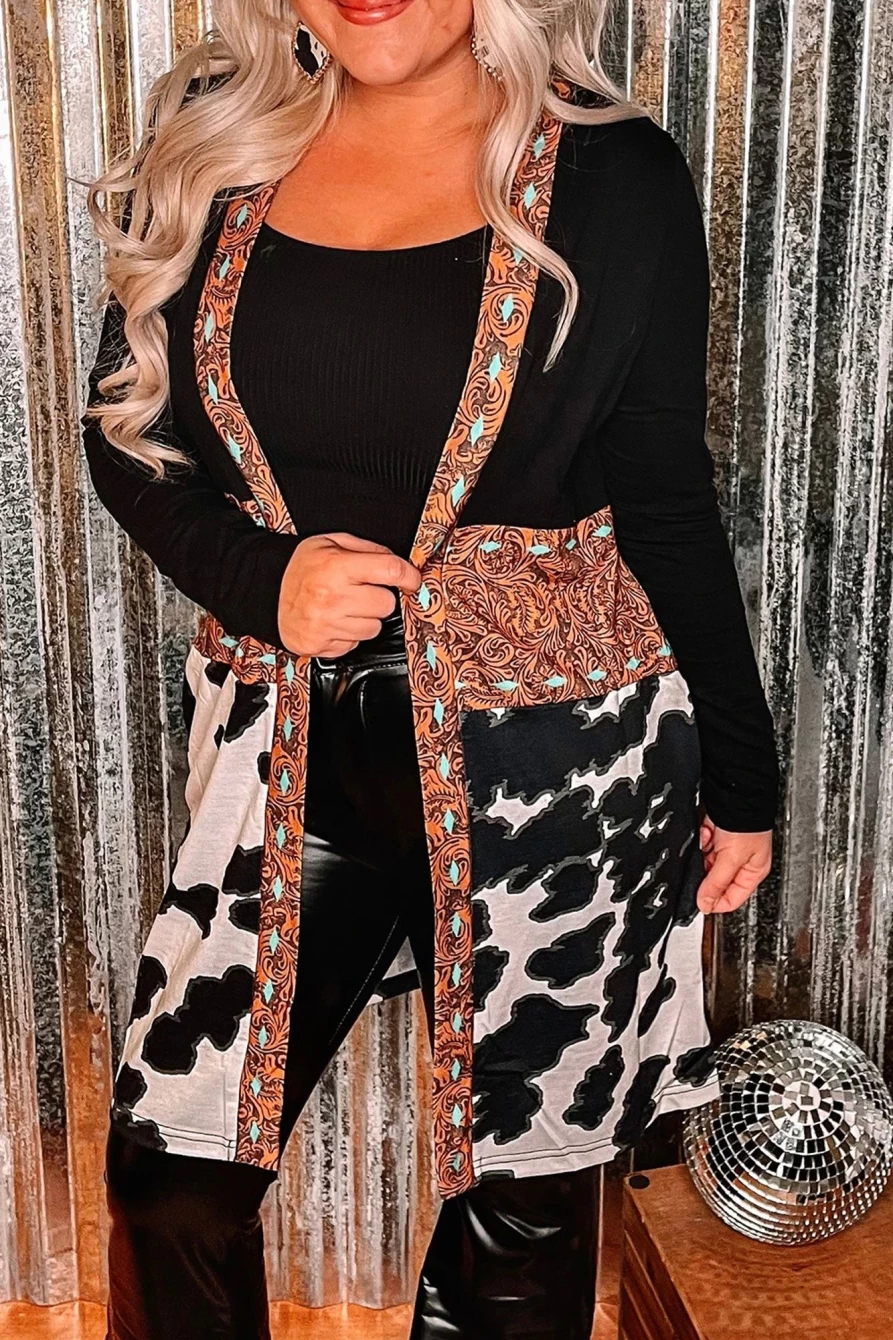 Shewin Women's Black Paisley & Animal Print Long Cardigan for Fall