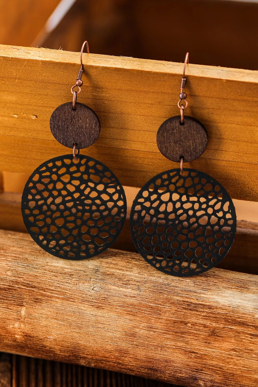 "Shewin Black Bohemian Hollow Out Wooden Drop Earrings for Women"