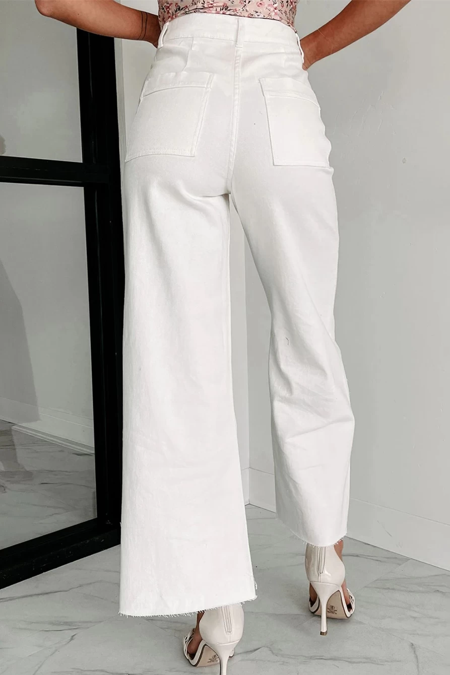 Shewin Women's White Solid Wide Leg Raw Hem Crop Jeans