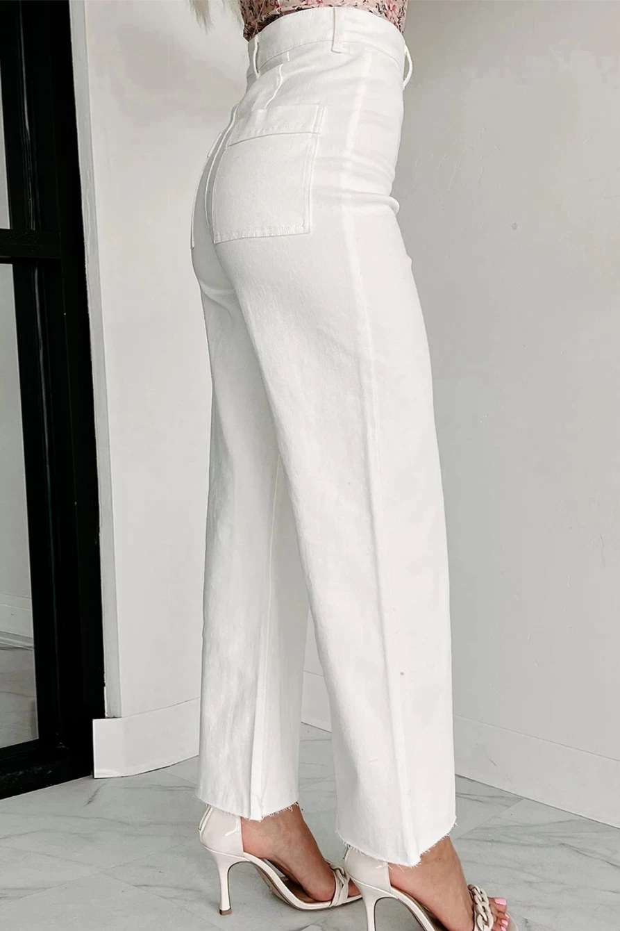 Shewin Women's White Solid Wide Leg Raw Hem Crop Jeans