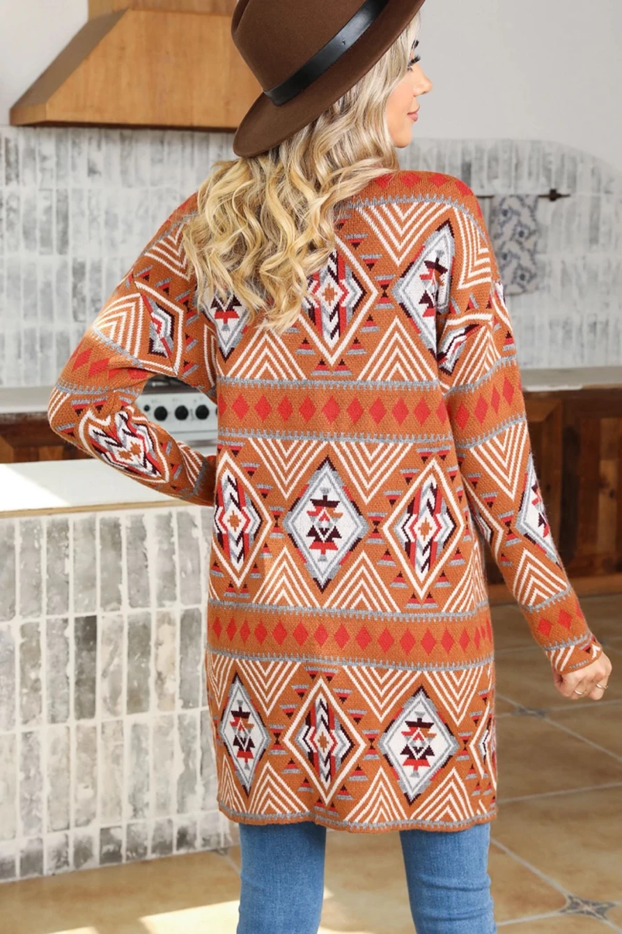 Shewin Women's Brown Geometric Knit Long Cardigan Open Front Sweater