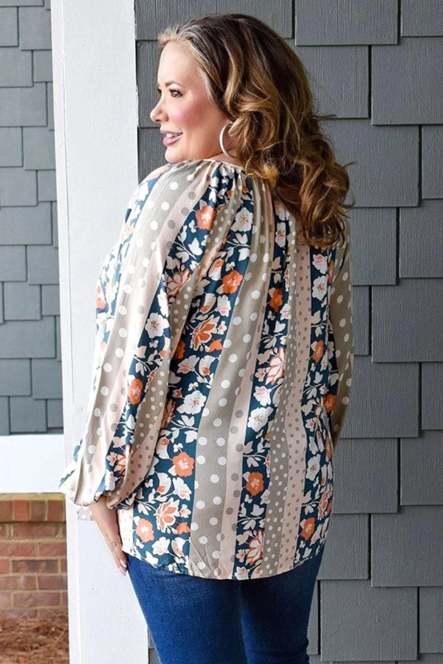 Shewin Women's Plus Size Multicolor Mixed Print Split Neck Blouse