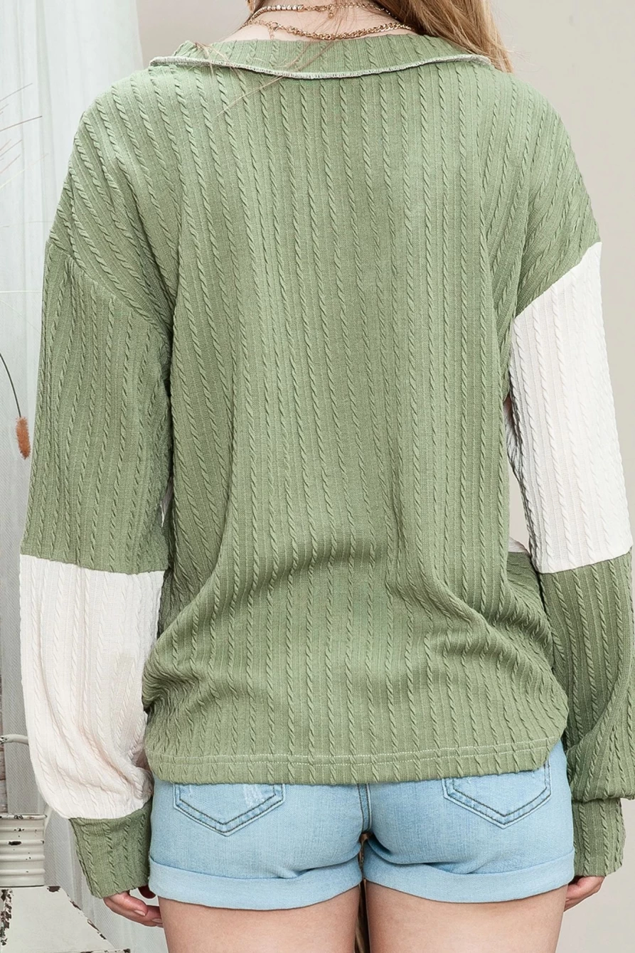 Shewin Women's Green Color Block Textured V-Neck Long Sleeve Top