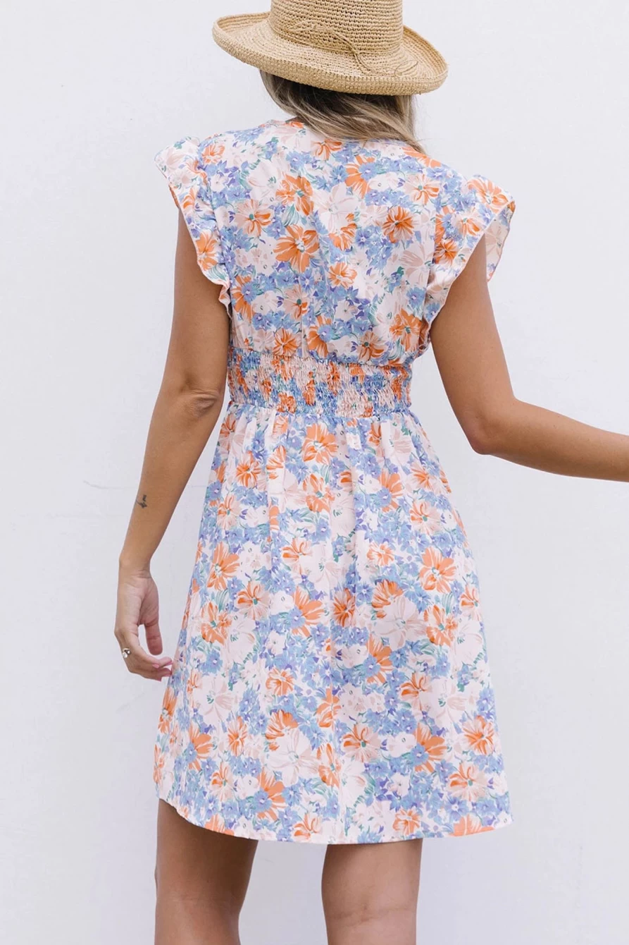 Shewin Women's Boho Floral Print Short Dress with Smocked Lace Contrast in Multicolor