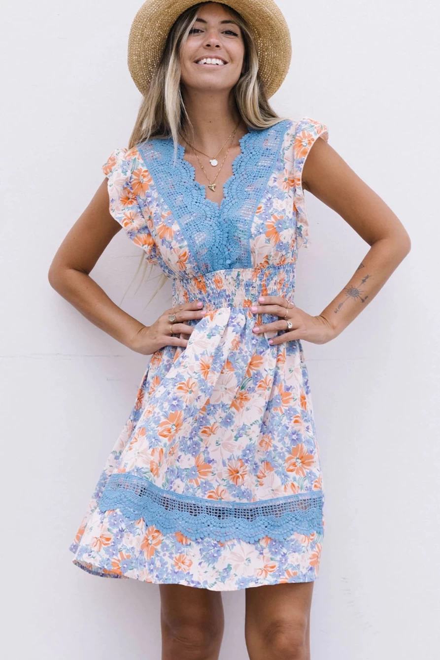Shewin Women's Boho Floral Print Short Dress with Smocked Lace Contrast in Multicolor