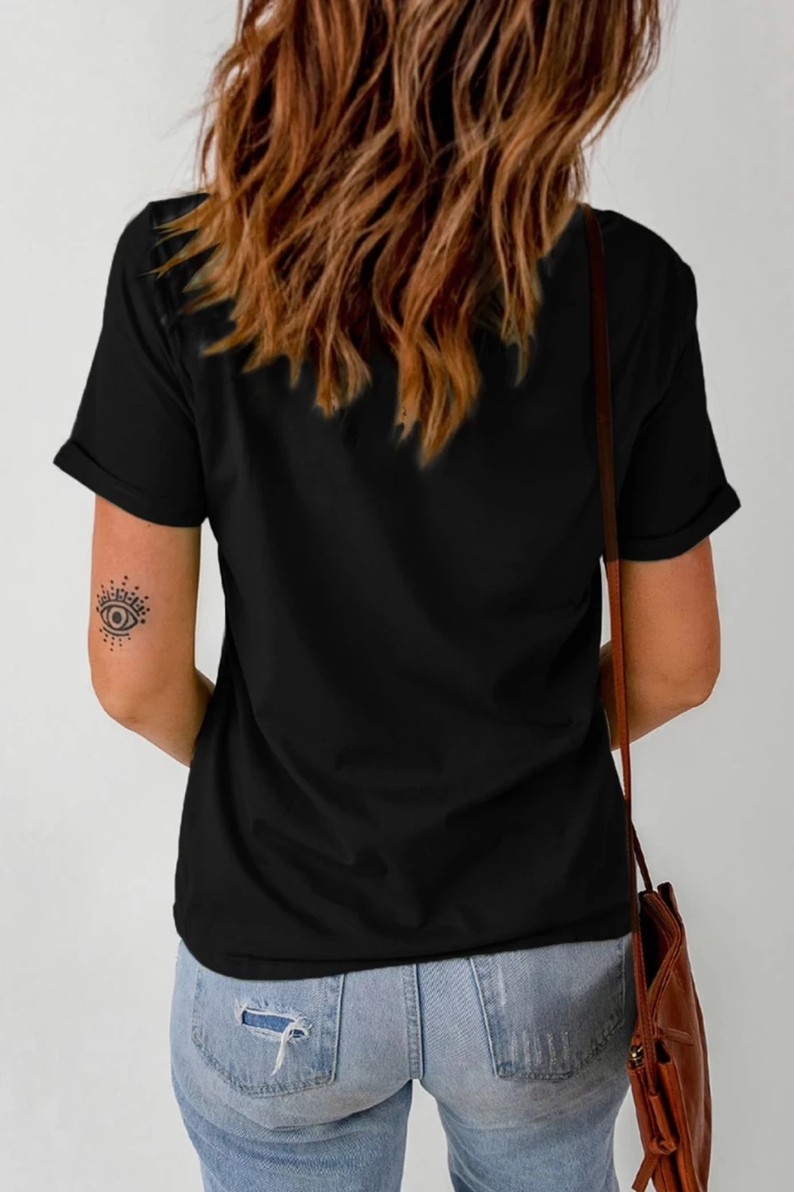Shewin Women's Black Sequin Fleur De Lis Mardi Gras Graphic Crew Neck T-Shirt