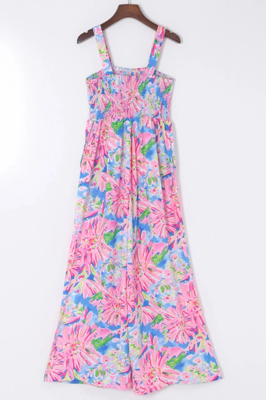 Shewin Women's Pink Abstract Floral Smocked Wide Leg Jumpsuit - Boho Chic Romper