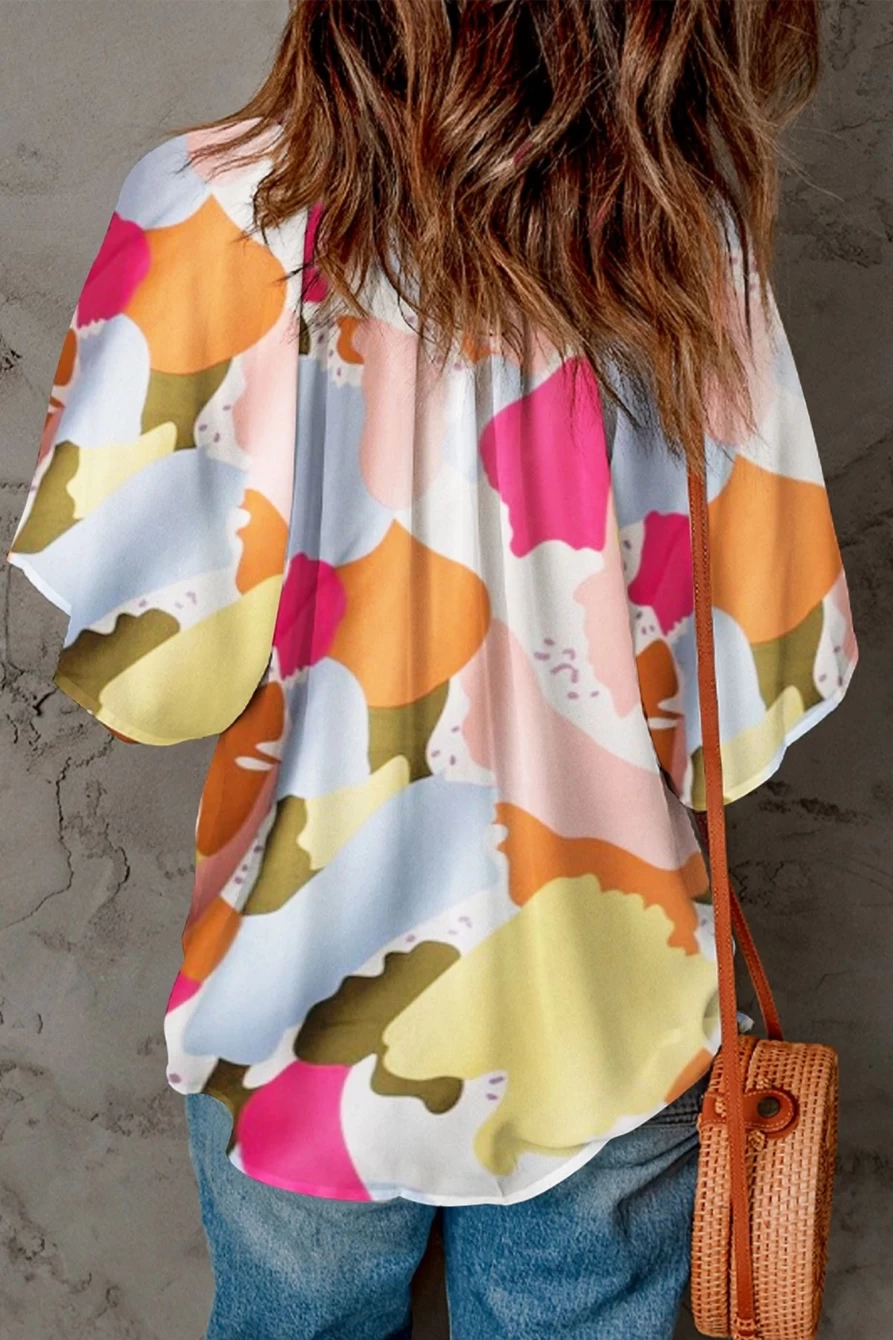 Shewin Women's Multicolor Abstract Print Flutter Sleeve V-Neck Blouse