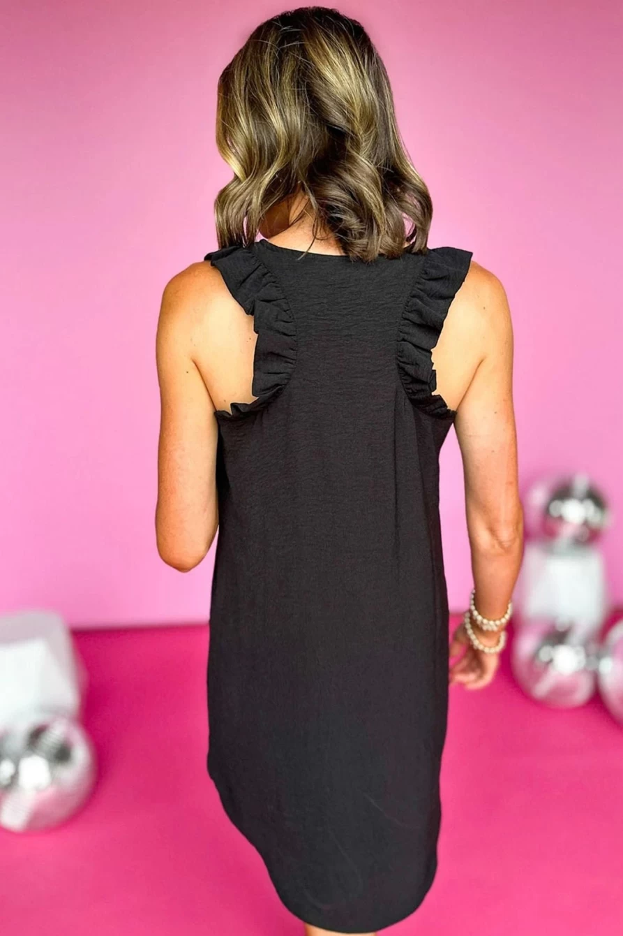 Shewin Women's Black Plain Ruffled Sleeveless Shift Mini Dress