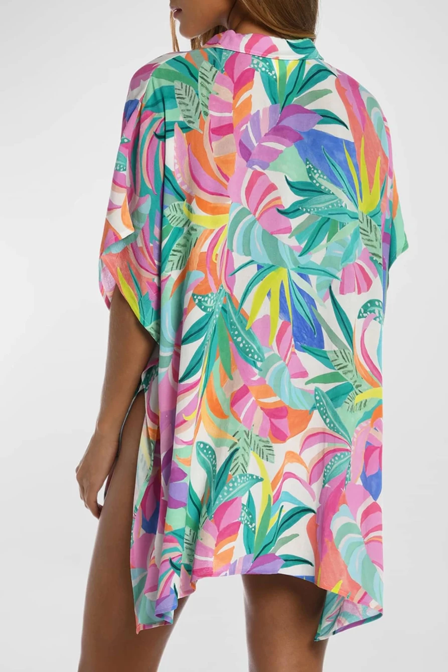 "SheWin Women's Multicolor Tropical Print Button-Up Short Sleeve Beach Cover-Up Shirt"
