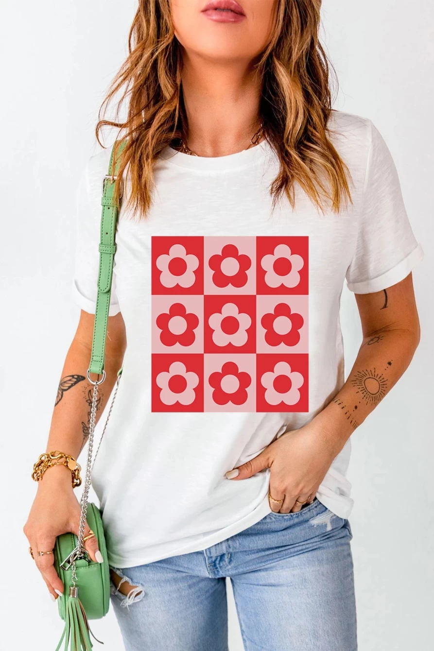 Shewin Women's White Casual Checkered Floral Graphic Tee - Round Neck Short Sleeve T-Shirt