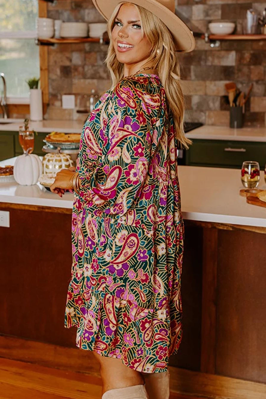 Shewin Women's Green Paisley Floral Print Plus Size Dress with Ruffled Hem