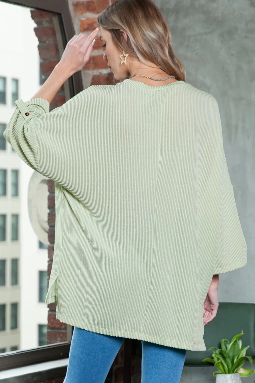 Shewin Women's Green Oversized Ribbed Top with Roll-Tab Sleeves and Chest Pocket